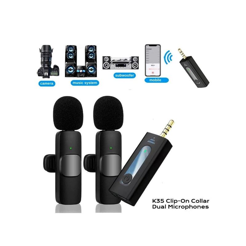 K35 Dual Wireless Microphone Set for Mobile, Camera & Speakers